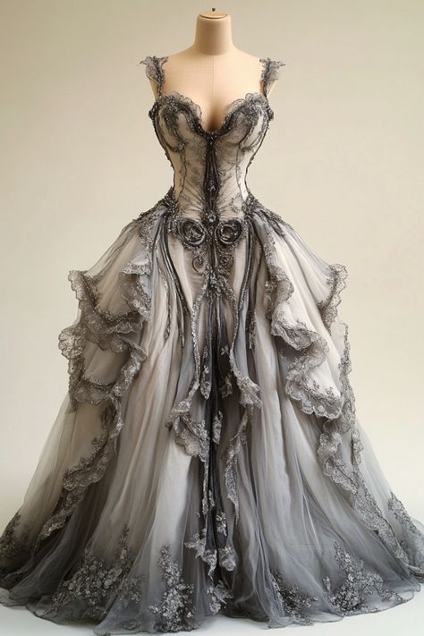 Grey Wedding Dress Silver, Dark Victorian Wedding, Grey Princess Dress, Grey Ballgown, Silver Dresses Elegant, Goth Victorian Dress, Dark Fantasy Dress, Mythical Dresses, Punk Wedding Dress