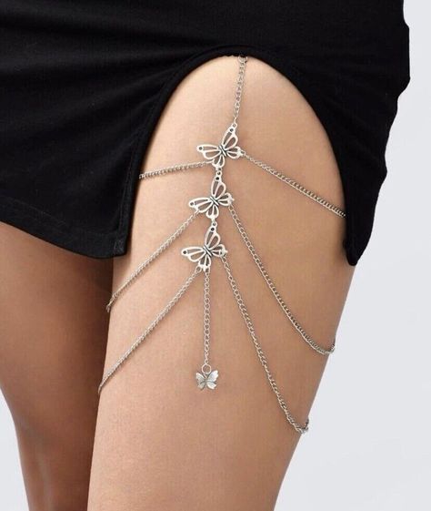 Black And Silver  Garter with Butterfly Charms - Leg Jewellery  | eBay Thigh Assesories, Silver Thigh Chain, Thigh Jewelry With Dress, Diy Thigh Chain Jewelry, Thigh Chain Diy, Thigh Jewelry Chains, Body Chains Jewelry, Thigh Chain Outfit, Leg Jewelry Body Chains