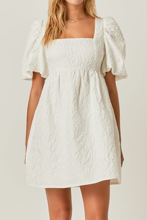 Empire Waist Dress With Sleeves, Homecoming Dresses Flowy Sleeves, White Cottage Core Dress Short, Cute Homecoming Dresses Modest, Pretty Semi Formal Dresses, Half Sleeve White Dress, White Midi Dress Puff Sleeve, Square Neckline White Dress, Hoco Dresses Flowy Sleeves