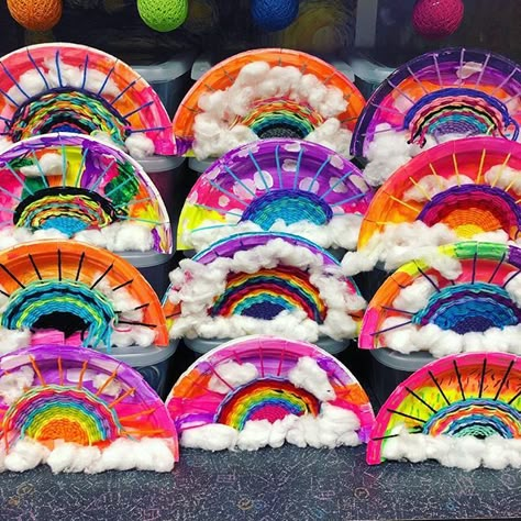 artoshaughnessy Rainbows upon Rainbows. 🌈💗Second graders are weaving wonders! We first read Sky Color to get inspired to paint the sky (and partially because I was, and currently am, out of neon blue). Students were self sufficient making their color choices once they warped their own looms—no tape or glue required! I love that they embraced that choice and I think they sure did too. Color your own rainbows, kids! Project was inspired by and morphed from an excellent line of teachers/artists, Rainbow Picnic, Makerspace Design, Fairy Night, Weaving For Kids, Box Creative, Art Camp, Ideas For Easter, E Mc2, Elementary Art Projects