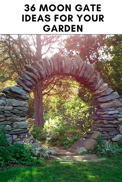 If you're doing some landscape design for your garden, here are some magical moon gate ideas to create an enchanting space. #moongates #landscaping #landscapedesign #witchgarden Moon Garden Gate, Diy Garden Entrance Ideas, Moondoor Garden, Themed Garden Ideas, Garden Moon Gate Diy, Moon Door Garden Diy, Secret Garden Ideas Diy Small Spaces, Stone Moon Gate, Trampoline Moon Gate Diy