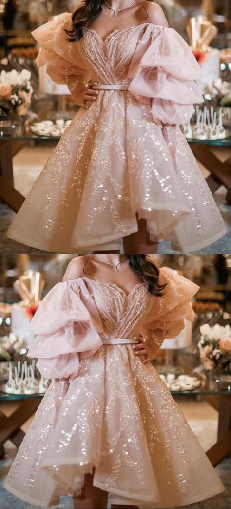 Puffy Party Dresses, Pink Prom Dress Sleeves, Quince Guest Dress, Puffy Short Dresses, Homecoming Dresses Puffy, Princess Dresses Short, Unique Hoco Dresses Short, Dresses Puffy Sleeves, Prom Dresses Puffy