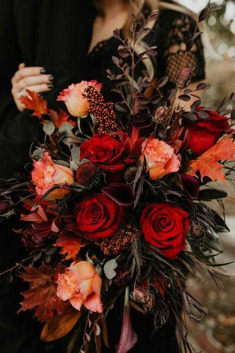 Holding Her In My Arms, Halloween Bouquet, Dark Romantic Wedding, Dark Wedding Theme, Mountain Flowers, Gothic Flowers, Fall Wedding Color Palette, Orange Bouquets, Burnt Orange Weddings