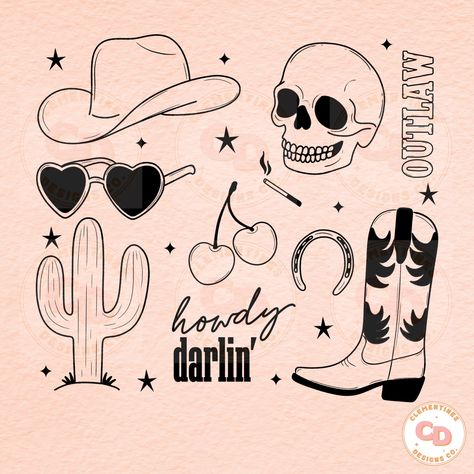 Western Png Designs, Western Doodles, Western Collage, Western Clip Art, Collage Png, Western Clipart, Libra Tattoo, Retro Sublimation, Cd Design