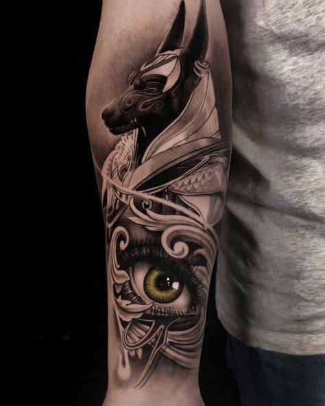 Have you been looking for a tattoo associated with myths and Ancient Egypt? In our article, you will learn who Anubis is and what unique meaning is inherent in this tattoo. Fingerprint Heart Tattoos, Egyptian Eye Tattoos, Horus Tattoo, Persian Tattoo, God Anubis, Egyptian Tattoo Sleeve, Anubis Tattoo, Realistic Tattoo Sleeve, Egypt Tattoo