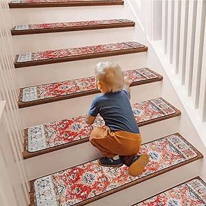 OLOLOHOME Stair Treads for Wooden Steps, 8''x30'' Carpet for Stairs Non Slip 15 Pack for Indoor Basement, Boho Rugs Resistant Stair Runner Mats for Staircase Step (15 Pcs,Orange) Stair Rug Runner Lowe's, Stairs Sizes, Patterned Stair Carpet Lowe's, Stair Tread Covers Lowe's, Carpet Treads, Carpet Stair Treads, Stair Mats, Wooden Steps, Staircase Makeover