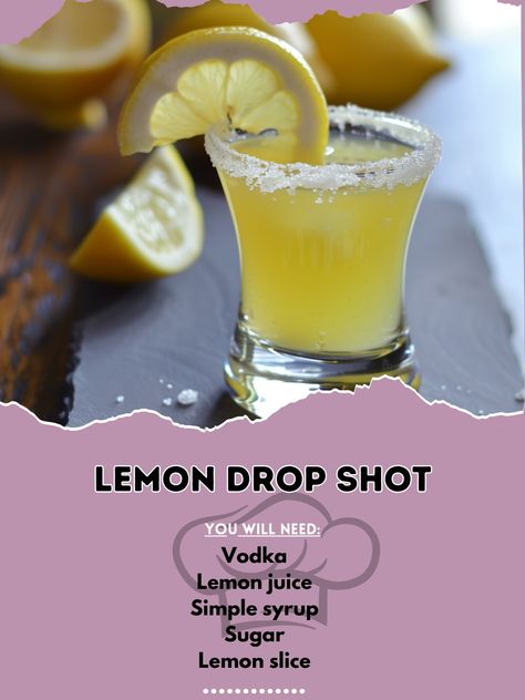 🍋💥 Light up your taste buds with a Lemon Drop Shot! Tart, sweet, and absolutely fun. #LemonDropLove Lemon Drop Shot Ingredients: Vodka (1 oz (30 ml)) Lemon juice (1/2 oz (15 ml)) Simple syrup (1/2 oz (15 ml)) Sugar (for rimming) Lemon slice (for garnish) Instructions: Rim a shot glass with sugar. In a shaker, combine vodka, lemon juice, and simple syrup with ice. Shake well and strain into the prepared shot glass. Garnish with a lemon slice. 🍋🎉 Turn the fun up with a tangy twist! #ShotOfLem... Alcohol Shots, Lemon Drop Shots, Vodka Lemon, Bar Rescue, Holiday Drinks Alcohol, Pretty Alcoholic Drinks, Yummy Alcoholic Drinks, Liquor Drinks, Unique Cocktails