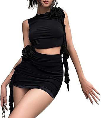 ROAONOCOMO Women Y2K Ruffle 2 Piece Skirt Set Off Shoulder Sheer Mesh Tube Top Fringed Irregular Skirts Outfit Streetwear Skirt Sets For Women, Summer Lounge, Outfits 2000s, 2 Piece Skirt, Outfit Top, Outfit For Women, 2 Piece Skirt Set, Punk Vintage, Women Y2k