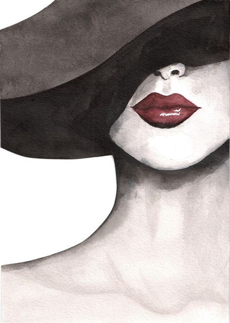 Classy Woman In Hat Original Watercolor Painting Print, Red Lips, Mysterious Woman, Classy Art, Sexy Woman, Fashion Art Woman In Hat Drawing, Women With Hat Drawing, Woman In Hat Painting, Classy Art Paintings, Fashion Pictures Art, Lady Art Drawing, Fine Art Inspiration, Women Silhouette Art Classy, Woman Pictures Art