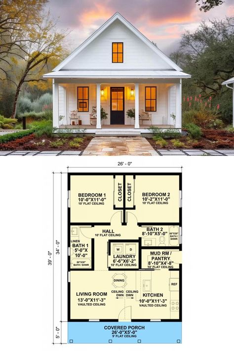 This 2-bedroom cottage-style ADU showcases a fresh and inviting facade with white clapboard siding, a charming gable roof, and a covered entry porch framed by stately pillars. Functional Home Ideas Tiny House, Cozy Cottage House Plans, Cottage Plans With Garage, Cottage Plans One Story, Tiny Home Floorplan 2 Bedroom, Tiny Home Designs Interiors, Cottage Plans With Loft, Small House Layout 2 Bedroom, 2 Bedroom Tiny House Floor Plans