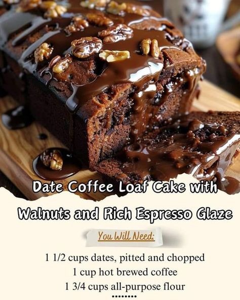 Coffee Loaf Cake, Coffee Loaf, Espresso Glaze, Date And Walnut Loaf, Date Coffee, Walnut Recipes, Loaf Recipes, Brewed Coffee, Loaf Cake