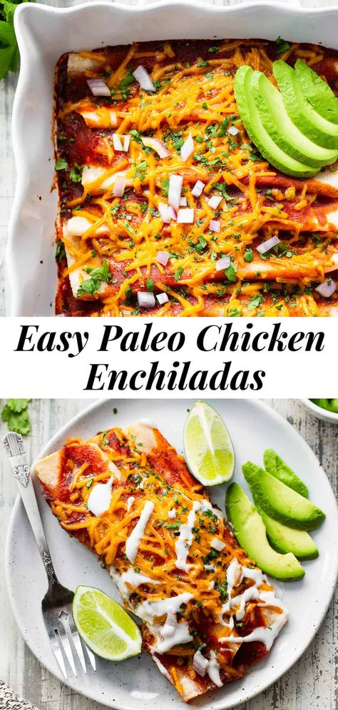 These classic paleo chicken enchiladas are made easy with cassava tortillas, a flavor-packed filing and all your favorite (dairy-free) toppings. This family favorite recipe comes together quickly and easily and no one would ever guess these enchiladas are grain free and dairy free! #paleo #cleaneating #dairyfree #enchiladas Dairy Free Enchiladas, Cassava Tortillas, Easy Paleo Chicken, Paleo Cheese, Paleo Casserole, Dairy Free Paleo, Enchilada Recipes, Easy Paleo, Paleo Chicken