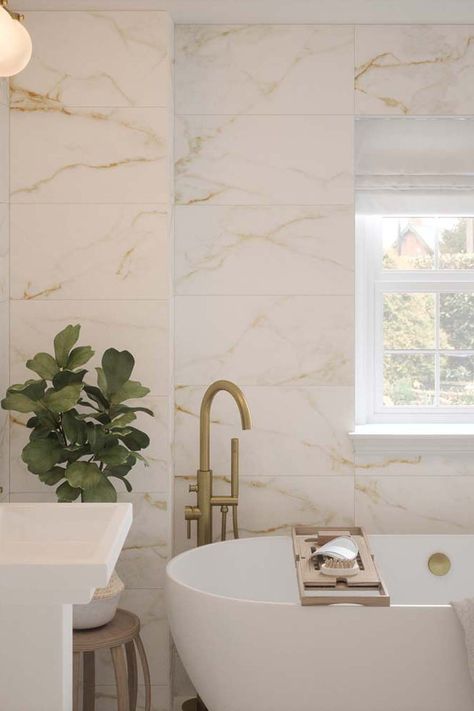 All about the opulence! With a warming gold veining marble effect, Goldman is the perfect addition to elevate any space. Choose from a classic matt or stunning gloss finish - both of which are suitable for wall use. Marble Feature Wall Bathroom, White Marble Tiles Bathroom, Marble Effect Tiles Bathroom, Warm Marble Bathroom, Marble Tiles Bathroom, Gold Marble Bathroom, Marble Effect Bathroom, Marble Bathroom Tiles, Beige Marble Bathroom