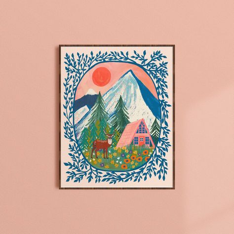 Into the Wilderness - Art Print - Faire Cabin Artwork, Mountain Art Print, Hur Man Målar, Tableau Art, Mountain Art, Kids Room Art, Wall Art Canvas Painting, Ink Illustrations, Nature Wall Art