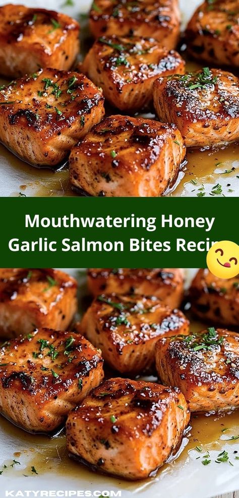 "Looking for a delectable dish that's easy to prepare? These honey garlic salmon bites are a game-changer! Perfect for busy weeknights, this quick recipe delivers mouthwatering flavor that the whole family will love. Honey Garlic Salmon Bites, Garlic Salmon Bites, Honey Soy Salmon, Salmon Bites Recipe, Quick Salmon, Salmon Soy Sauce, Salmon Bites, Honey Garlic Salmon, Honey Salmon