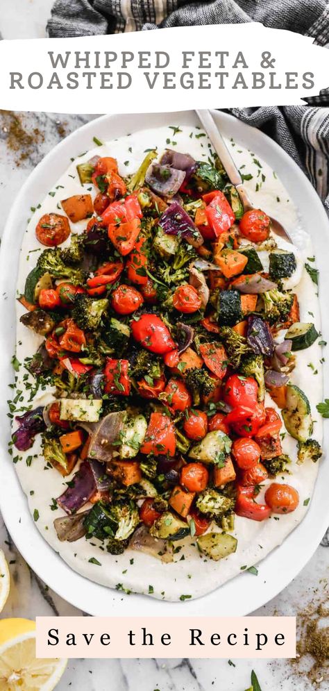 Tasty Veggie Sides, Dinner Side Dishes Vegetables, Amazing Vegetable Side Dishes, Easy Healthy Dinner Side Dishes, Whipped Feta With Roasted Veggies, Half Baked Harvest Side Dish, Roasted Vegetables With Whipped Feta, Green Vegetable Side Dish Healthy, Recipes With Roasted Vegetables