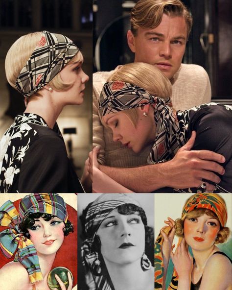 BEACH headwear was an important part of the ‘20s fashion. There were several different types that were quite popular, including the headband made in “wrap style”. In the ROARING decade, such a headband was worn by a NEW GENERATION of women who wanted to accentuate the fashionably CROPPED HAIR. 📌 Carey Mulligan as Daisy Buchanan in the historical romantic drama film based on the 1925 novel of the same name by F. Scott Fitzgerald — “THE GREAT GATSBY” (2010). Costume designer Catherine Martin in 20s Headscarf, The Great Gatsby Movie Costumes, Daisy Great Gatsby Costume, 20s Womens Hair, Daisy Buchanan Outfits, The Great Gatsby Outfit, 1920s Headwear, Daisy The Great Gatsby, 1920s Fashion Women Gatsby