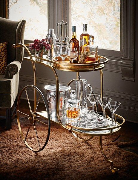 Pottery Barn Bar, Gold Cart, Barn Bar, Ken Fulk, Diy Bar Cart, Gold Bar Cart, Condo Decorating, Bar Cart Decor, Diy Bar