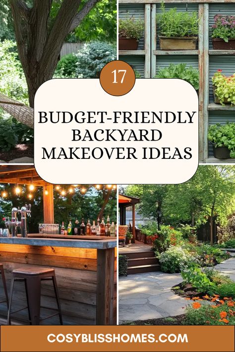 Explore 4 vibrant images depicting 17 budget-friendly backyard makeover ideas including a hammock nook and shutter herb garden perfect for transforming your outdoor space. Diy Backyard Oasis On A Budget, Inexpensive Backyard Ideas Diy, Rental Backyard Ideas, Backyard Makeover Ideas, Renovation Ideas On A Budget, Apartment Ideas Living Room, Backyard Renovation, Affordable Backyard Ideas, Backyard Renovations