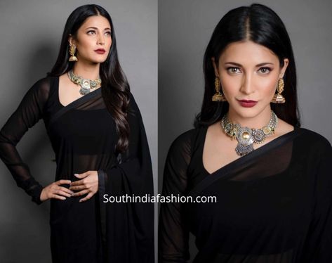 shruti haasan plain black saree with silver jewellery Saree Styles For Farewell Black, Plain Black Saree With Designer Blouse, Black Saree With Black Blouse, Plain Saree Styling Ideas, Makeup Look For Black Saree, Jewellery For Black Saree, Designer Black Saree Party Wear, Black Blouses For Saree, Black Saree Styling Ideas