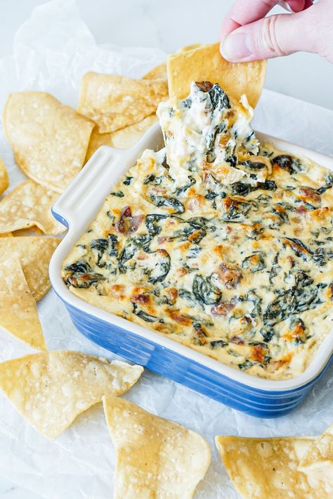 Cheesy Kale, Spinach, and Bacon Dip – Sauced Kitchen Kale Dip Cream Cheese, Kale Dip Recipes, Spinach Dips, Kale Dip, Garden Salads, Midnight Munchies, Spinach And Bacon, Vegan Apps, Sides Dishes