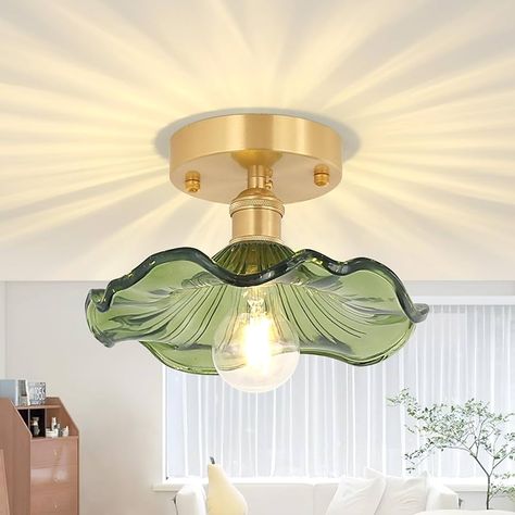 Shenmoyl Semi Flush Mount Ceiling Light, Gold Hallway Vintage Lights Fixture Ceiling with Green Water Lily Glass, Bulb Included, 4.72" Base Modern Ceiling Light Fixtures for Porch Kitchen Bedroom - Amazon.com Gold Hallway, Hallway Vintage, Porch Kitchen, Modern Ceiling Light Fixtures, Retro Chandelier, Vintage Lights, Flushmount Ceiling Lights, Vintage Light Fixtures, Kitchen Lighting Fixtures