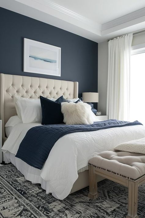 25 Navy Blue and Grey Bedroom Ideas We Love Navy Blue Headboard Bedroom Ideas, Blue Headboard Bedroom Ideas, Blue Headboard Bedroom, Navy Blue Headboard, Headboard Bedroom Ideas, Navy Blue Bedroom Ideas, Navy Blue Bedroom, Navy Blue Bedding, Headboard Bedroom