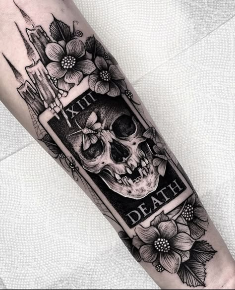 Tarot Card Arm Tattoo, Tattoos 2023, Feminine Skull Tattoos, Backpiece Tattoo, Bookish Tattoos, Tarot Card Tattoo, Tarot Tattoo, Skull Sleeve Tattoos, Wicked Tattoos