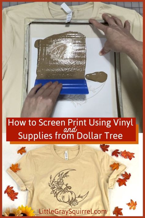 Swiping fabric paint across a silkscreen made from vinyl and supplies from Dollar Tree to screen print on a shirt.  Also an image of a finished screen printed shirt with a moon, pumpkin, flowers, and leaves. Tela, Diy Shirt Printing, Silk Screen Printing Diy, Diy T Shirt Printing, Fabric Paint Shirt, Diy Screen Printing, Screen Printing Art, Stencil Font, Screen Printed Tshirts