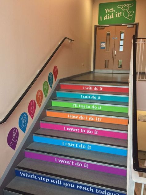 25 Wonderful Ways To Make School Hallways Positive and Inspiring School Stairs, School Wall Decoration, School Hall, School Improvement, School Bathroom, School Hallways, School Wall Art, School Murals, School Interior