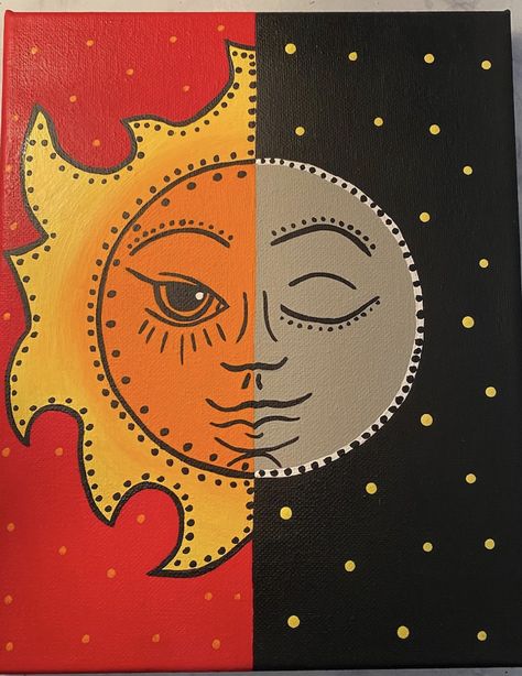 Half Sun and Half Moon art idea Paint Art Ideas, Half Moon Art, Fun Paintings, Lion Canvas Painting, Leaf Print Art, Canvas Painting Quotes, Half Sun, Random Sketches, Sip And Paint