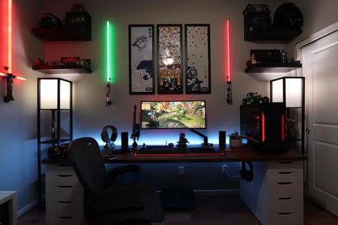 So I spent all my budget on #StarWars merch and now have to make my own #desk. Luckily it only takes 2 file cabiennts and a butchers block to make. Star Wars Theme Room, Star Wars Office, Gaming Desk Setup, Star Wars Room, Lego Room, The Force Is Strong, Gaming Room Setup, Star Wars Inspired, Pc Setup