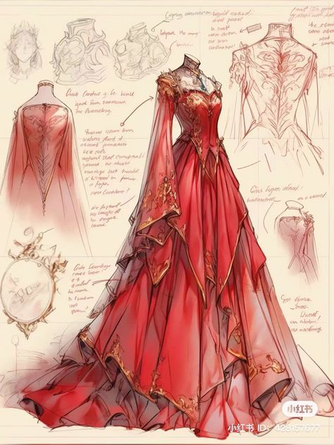 Red Gown Drawing, Fantasy Clothing Sketches, Gown Drawing Ideas, Fantasy Book Outfits, Outfit Fantasy Design, Fantasy Dresses Drawing, Fantasy Dress Design Drawing, Drawing Fashion Design Clothes, Red Gold Outfit