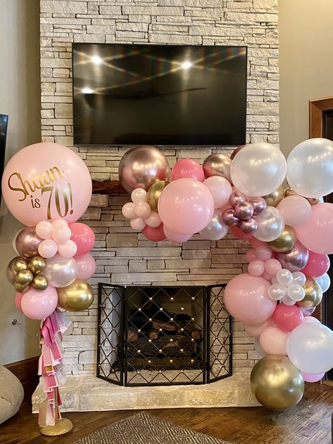 Balloon Garland Around Fireplace, Balloon Arch On Mantle, Balloon Arch On Fireplace Mantle, Balloons Around Fireplace, Balloon Garland On Fireplace Mantle, Balloon Arch Fireplace Mantle, Balloon Garland Fireplace Mantle, Fireplace Balloon Decor, Balloons On Fireplace