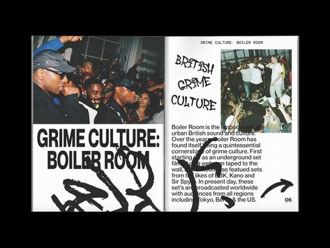 GRIME CULTURE: BOILER ROOM Editorial Design Magazine, Magazine Spread, Boiler Room, Zine Design, Graphic Design Books, Magazine Layout Design, Grafic Design, Publication Design, Book Layout