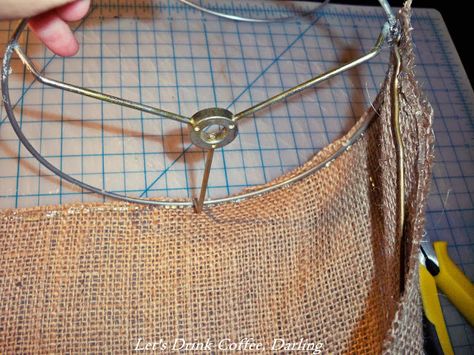 A Burlap Lampshade Makeover Burlap Lampshade Diy, Repurposed Lamps, Making Lampshades, Vintage Lamp Shades, Lampshade Redo, Shabby Chic Lamp, Lamp Shade Crafts, Luminaria Diy, Cabin Build