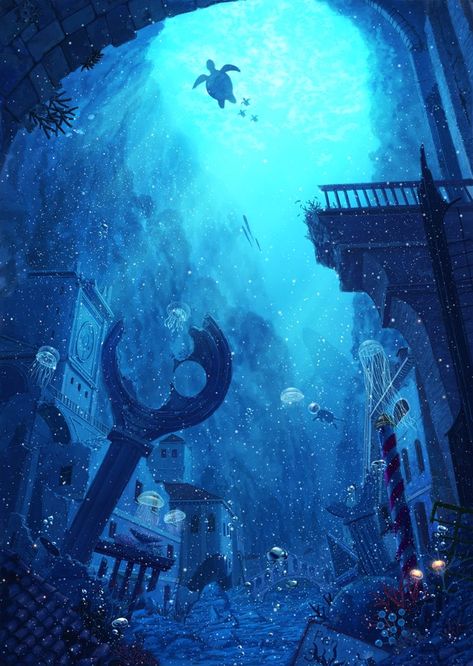 Underwater City, Underwater Scene, Underwater Art, Fantasy Places, Poses References, Fantasy Art Landscapes, Fantasy Concept Art, 판타지 아트, Environment Concept Art