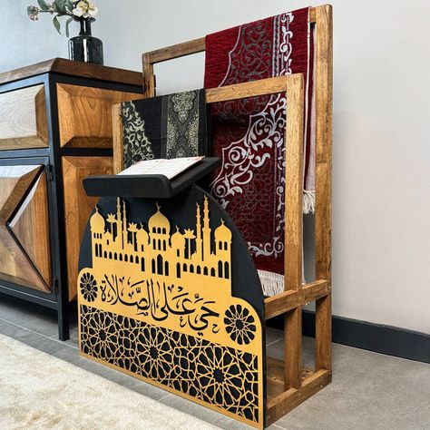 Prayer Rug Holder - Solid Wood Islamic Prayer Room Ideas, Mat Storage Ideas, Quran Stand, Arabic Interior Design, Muslim Prayer Room Ideas, Prayer Room Ideas, Islamic Events, Prayer Corner, Islamic Wall Decor