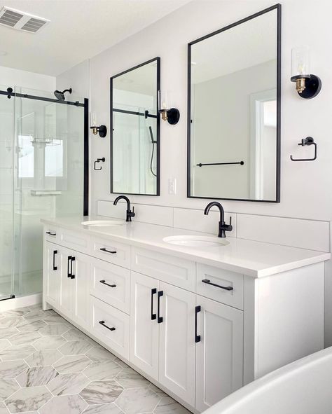 Elegant Bathroom Floor Tile, Townhouse Master Bath, Black Hardware Master Bath, All White Half Bath, White Bath Vanity Ideas, Updated Builder Grade Bathroom, Bathroom White Marble Floor, Black And White Primary Bathroom, Black And White Bathroom Ideas Decor Master Bath