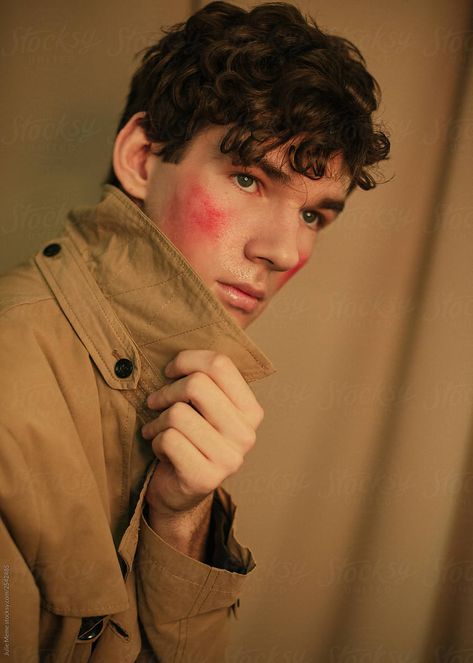 Man With Curly Hair, Red Cheeks, Portrait References, Coat Collar, Pose References, Character Inspo, Curly Hair Men, Art References, Character Inspiration