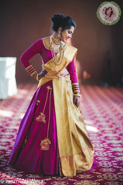 Full Sleeves Blouse with Half saree drape South Indian Bridal Makeup, Lehenga Style Saree, Lehenga Saree Design, Saree Wearing, Saree Wearing Styles, Half Saree Lehenga, Saree Draping Styles, Full Sleeve Blouse, Indian Bridal Lehenga