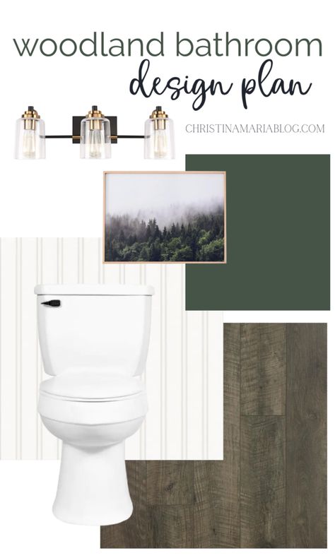 Budget friendly bathroom makeover design plan Outdoorsy Bathroom Decor, Outdoor Theme Bathroom, Bathroom Mood Board Green, Bathroom Forest Theme, Green Bathroom Design Ideas, Woodsy Bathroom Ideas, Woodland Bathroom Ideas, Mountain Theme Bathroom, Woodland Theme Bathroom