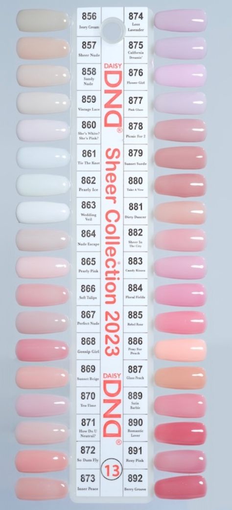 Dnd Bonfire Nails, Dnd Short N Sweet Polish, Sheer Dnd Gel Polish, White Bunny Nail Polish Dnd, Dnd Powder Colors, Nail Gel Color Ideas, Summer Light Pink Nails, Dnd Gel Neutral Colors, Sheer Opi Gel Colors