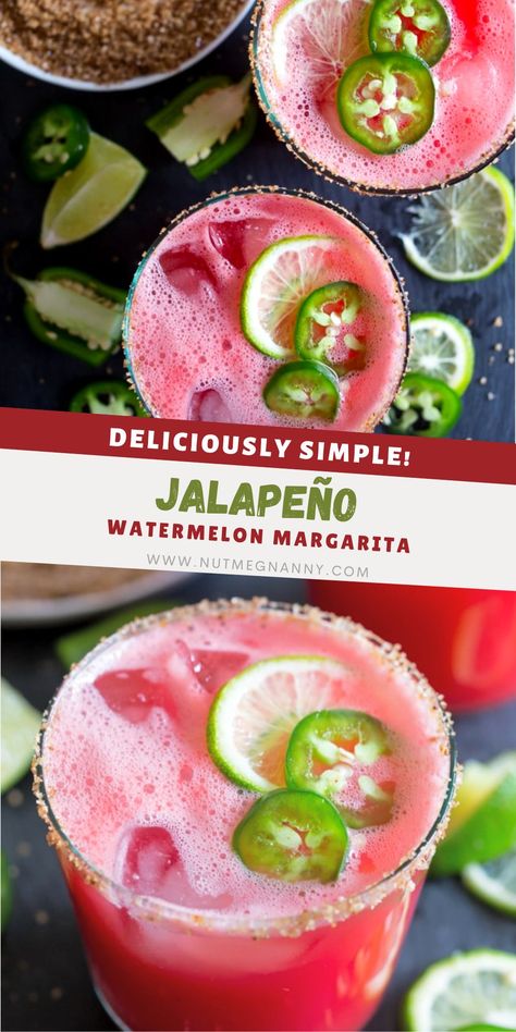 Watermelon Jalapeno Margarita, Watermelon Margaritas, Easy Margarita, Spicy Cocktail, Jalapeno Margarita, Orange Liqueur, Watermelon Margarita, Yummy Alcoholic Drinks, Iowa Girl Eats