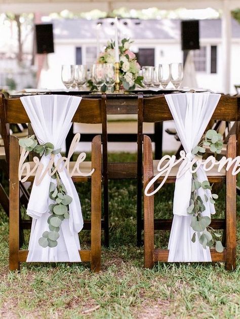 bride and groom wedding chair decoration ideas Natal, Wedding Chair Decorations Bride Groom, Wedding Chairs For Bride And Groom, Chair Decoration Ideas, Charleston Rice, Bride And Groom Chairs, Bride And Groom Reception, Sash Ideas, Bride Groom Chairs