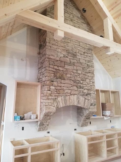 Rustic Wood Range Hood, Stone Behind Stove, Stone Kitchen Hood Ideas, Vaulted Kitchen Ceiling Range Hood, Stone Arch Over Stove, Brick Oven Hood, Rustic Oven Hood, Rock Range Hood, Stone Stove Hood