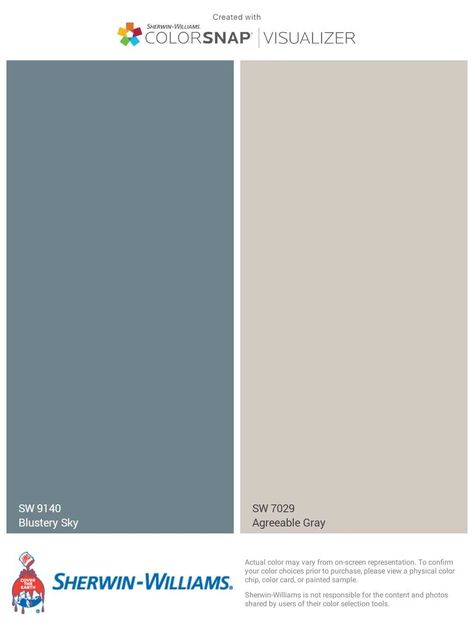 Pale Dusty Blue for House Exterior Doors and Shutter. Greige for House Exterior. Paint Colors by Sherwin-Williams: Blustery Sky and Agreeable Gray Agreeable Grey Color Scheme, Gray Living Room Paint Colors, Grey Paint Living Room, Exterior House Doors, Mountain Drive, Door Paint, Agreeable Gray, Exterior Paint Colors For House, Sherwin Williams Paint Colors