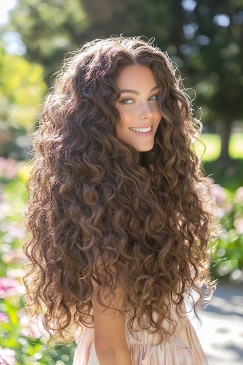 Discover the beauty of long hair curly hairstyles that radiate elegance and charm. This stunning look features soft, cascading curls that add volume and movement, perfect for both casual outings and formal events. Whether you're heading to a party or enjoying a relaxed day out, these curly hairstyles will elevate your style effortlessly. Embrace your gorgeous curls and let them shine! Curly Sunkissed Hair, Elegant Curly Hairstyles For Long Hair, Loose Perm Long Hair, Long Curly Hair Wedding, Classy Curly Hair, Long Hair Curled Hairstyles, Long Curly Hair With Layers, Soft Curls For Long Hair, Curled Long Hair