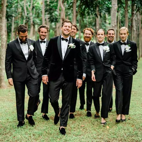 Tuxedo With Loafers Men, Tux Vs Suit Wedding, Black Tie Groom And Groomsmen, Black Tie Groomsmen, Groom Black Tuxedo, Tuxedo Wedding Party, All Black Tuxedo, Tuxedo Wedding Groomsmen, Black Tuxedo Wedding