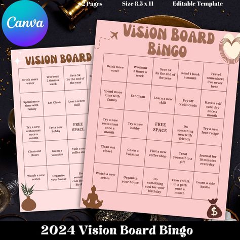 Vision Board Bingo Template, 2024 Personal Goals Bingo Game, Aesthetic Vision Board Printable, Vision Board Activity, Vision Board Party 2024 Bingo Template, Bingo Board Ideas, Goals Bingo Card, Vision Board Bingo Ideas, Vision Board Bingo Card, 2024 Bingo Vision Board, Goal Bingo Board, Vision Board Party Games, 2024 Vision Board Bingo Card